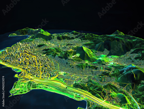 Technical aerial visual, 3D LiDAR GIS aerial map satellite scan model isolated, showing Florianpolis, Brazil . Elevation, topography, render photo