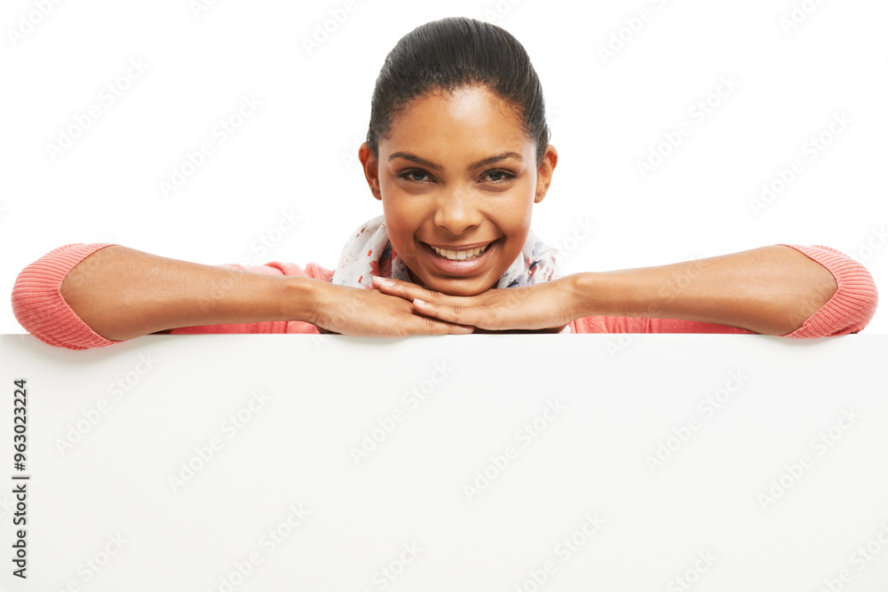 Studio, happy woman and portrait with poster for promotion, advertising and announcement for product placement. White background, ambassador and blank billboard by mockup space, marketing or branding Studio, happy woman and portrait with poster for promotion, advertising and announcement for product placement. White background, ambassador and blank billboard by mockup space, marketing or branding