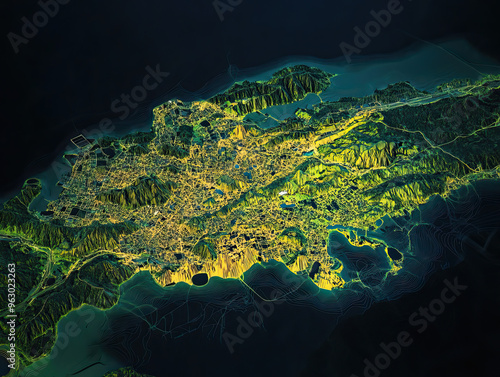 Technical aerial visual, 3D LiDAR GIS aerial map satellite scan model isolated, showing Florianpolis, Brazil . Elevation, topography, render photo