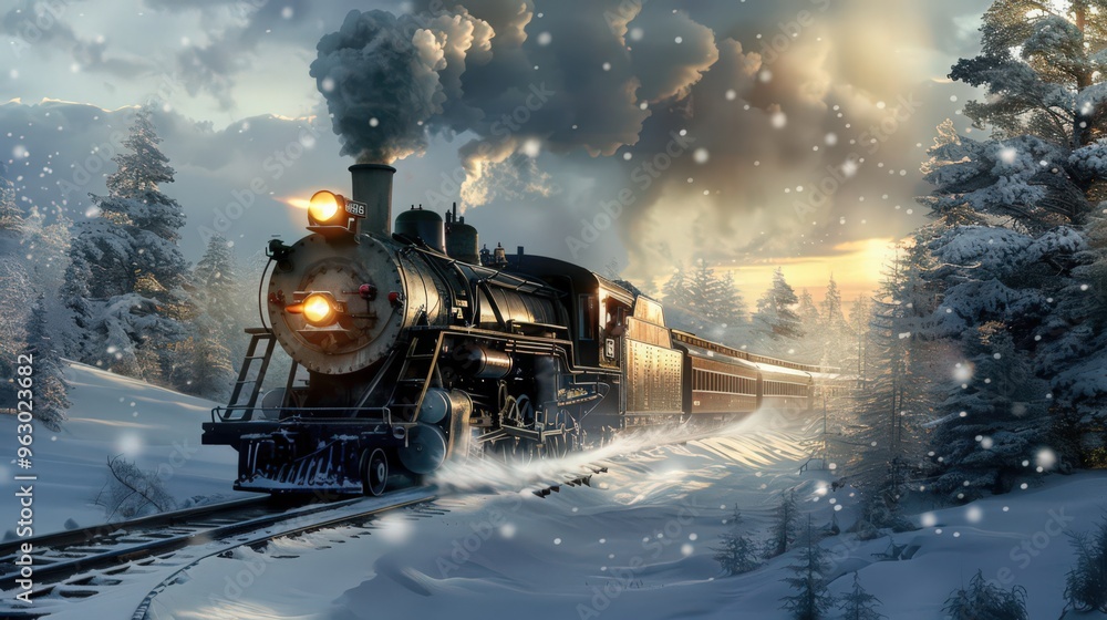 Visualize a cargo train on a snowy track with winter scenery, steam rising from the engine in the cold air Visualize a cargo train on a snowy track with winter scenery, steam rising from the engine in the cold air