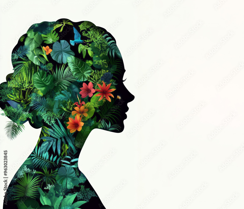 illustration of a woman in green tropical plants growing lushly illustration of a woman in green tropical plants growing lushly