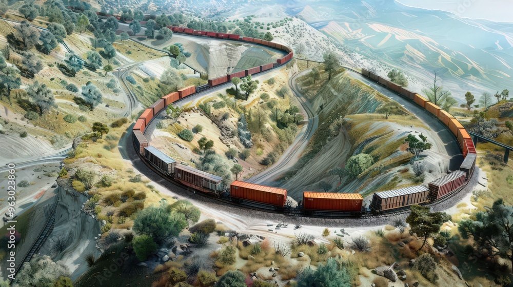 Visualize a cargo train traveling through a series of switchbacks on a ...