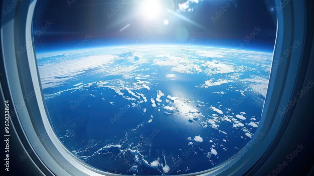 Visualize a commercial airplane crossing the equator, with the Earth's curvature and varying climates visible from the window Visualize a commercial airplane crossing the equator, with the Earth's curvature and varying climates visible from the window