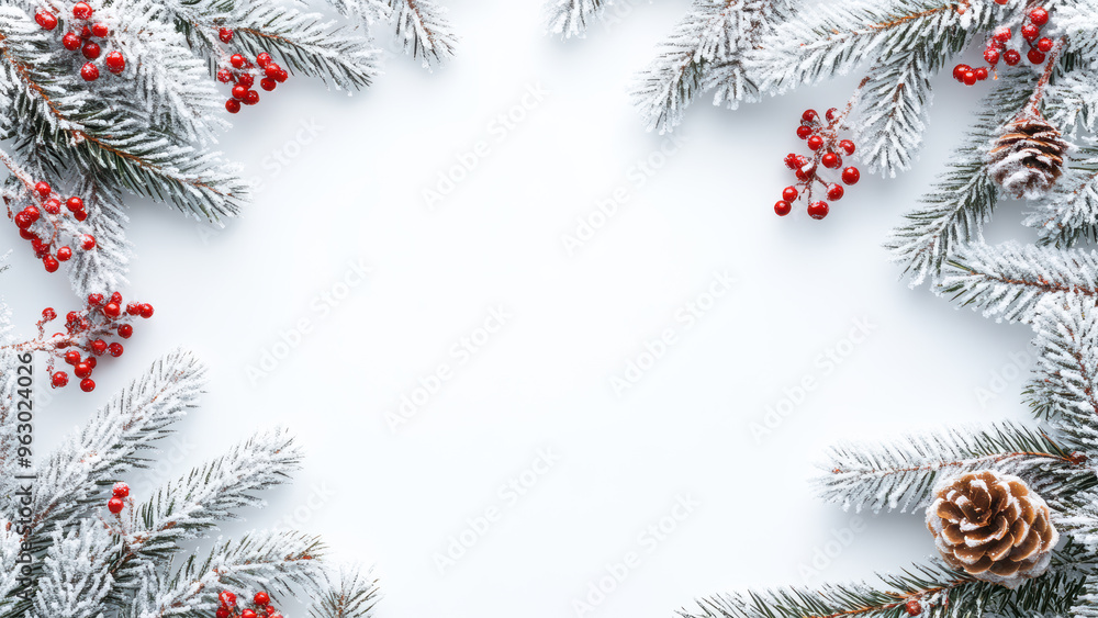 Festive Christmas tree with red balls and stars, set against a winter background with copy space. Festive Christmas tree with red balls and stars, set against a winter background with copy space.