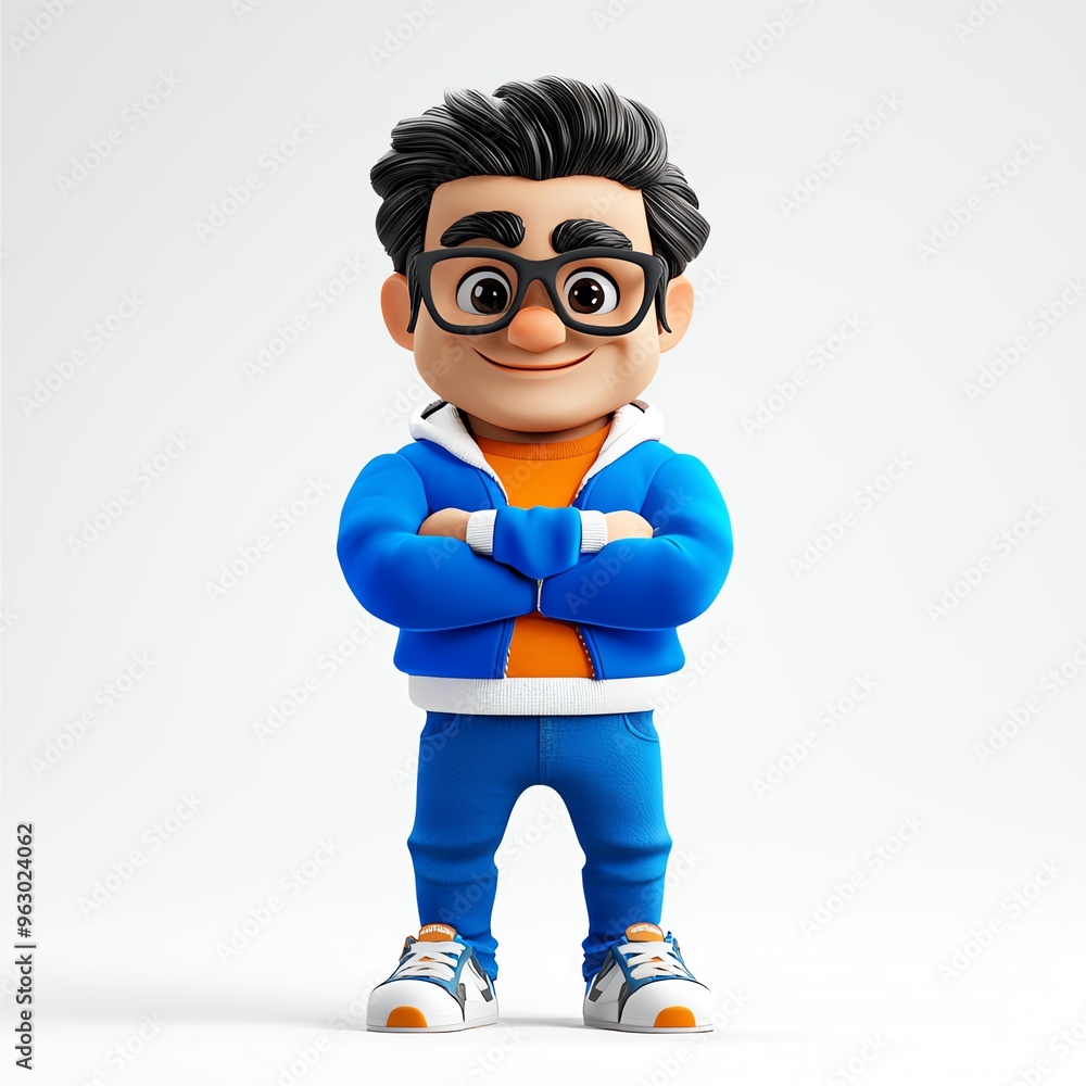A cheerful cartoon character with glasses, wearing a blue tracksuit, posing confidently with arms crossed. A cheerful cartoon character with glasses, wearing a blue tracksuit, posing confidently with arms crossed.