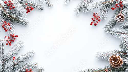 Festive Christmas tree with red balls and stars, set against a winter background with copy space.