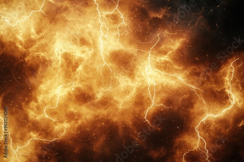 Dramatic fiery storm clouds with lightning bolts