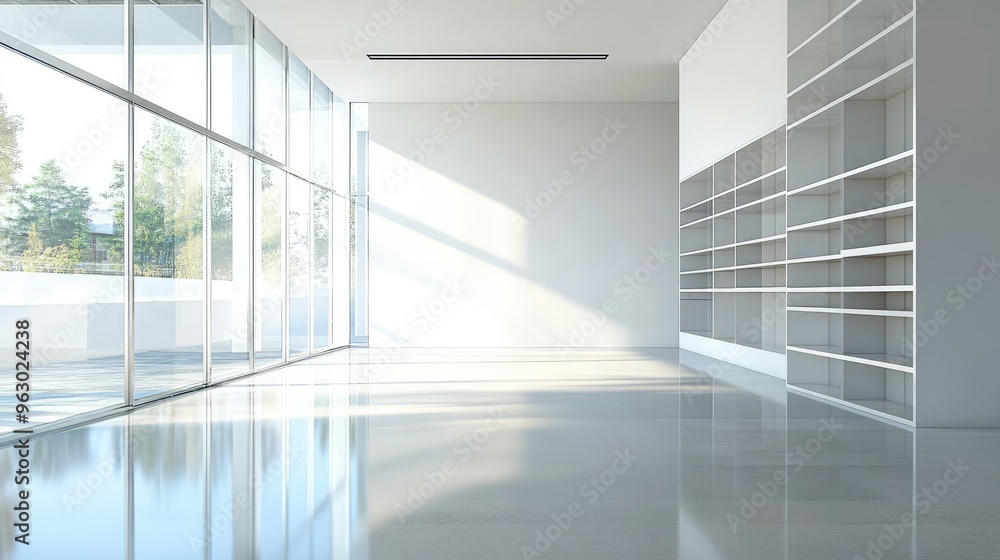 Minimalist Interior Design with White Walls and Empty Shelving Minimalist Interior Design with White Walls and Empty Shelving