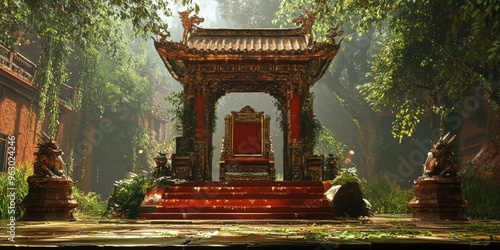 Golden throne in lush, overgrown temple. photo