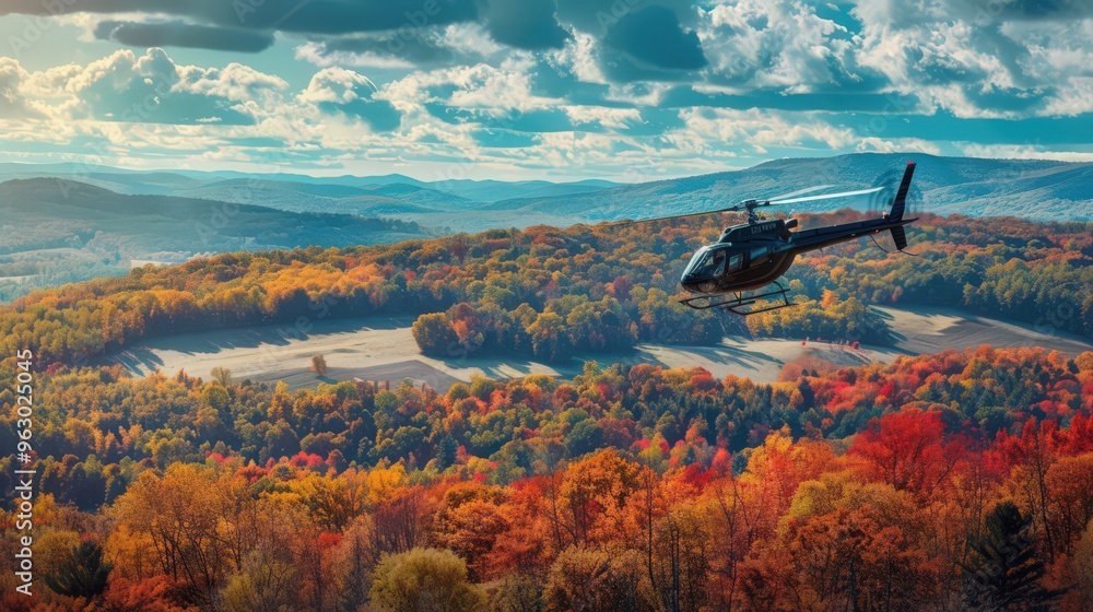 Visualize a helicopter flying above a vibrant autumn landscape, with colorful foliage and rolling hills visible below Visualize a helicopter flying above a vibrant autumn landscape, with colorful foliage and rolling hills visible below