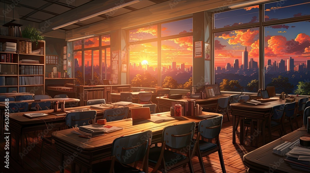 Obraz premium illustration background of a class room with table , sunset ocean scene
