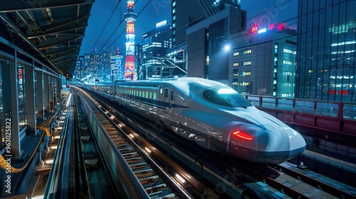 Wallpaper Mural Visualize a high-speed train at night, illuminated by city lights and surrounded by a vibrant metropolis. Torontodigital.ca