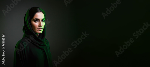 saudi woman in abaya national ksa day, women empowerment khaleeji lady with arab features, posing photo session social media banner post with green neon cinematic lighting on dark background photo