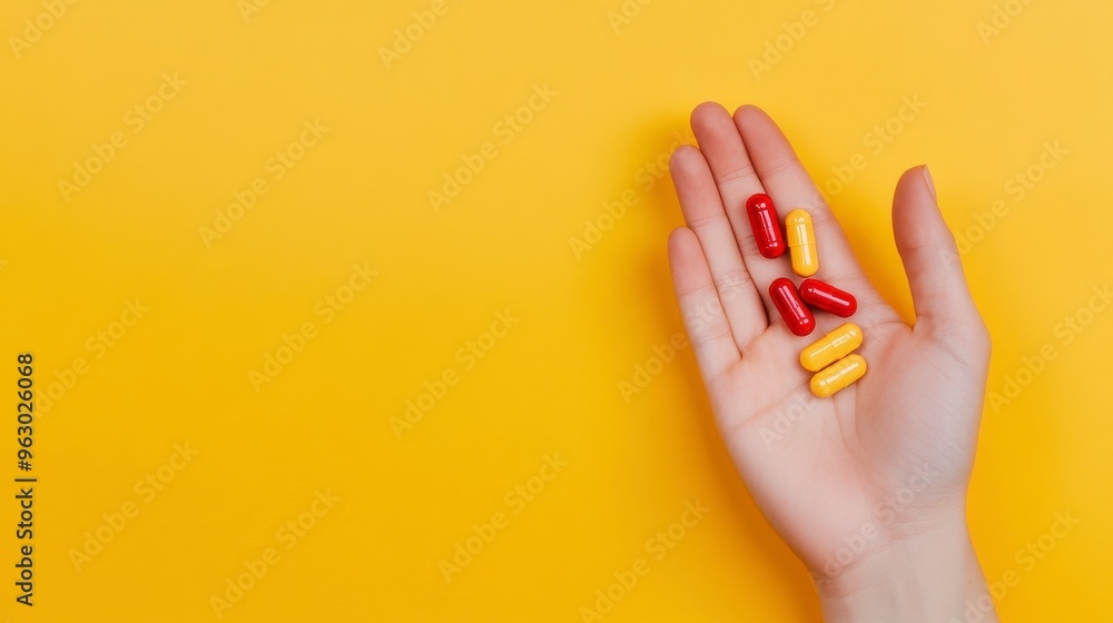 A hand holding colorful capsules on a bright yellow background, symbolizing health and wellness. A hand holding colorful capsules on a bright yellow background, symbolizing health and wellness.