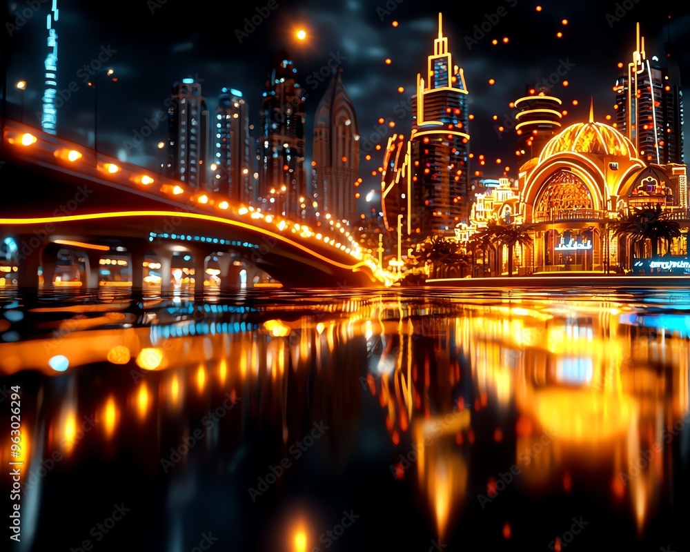 Naklejka premium Stunning cityscape at night with vibrant lights reflecting on water, showcasing modern architecture and dynamic urban atmosphere.