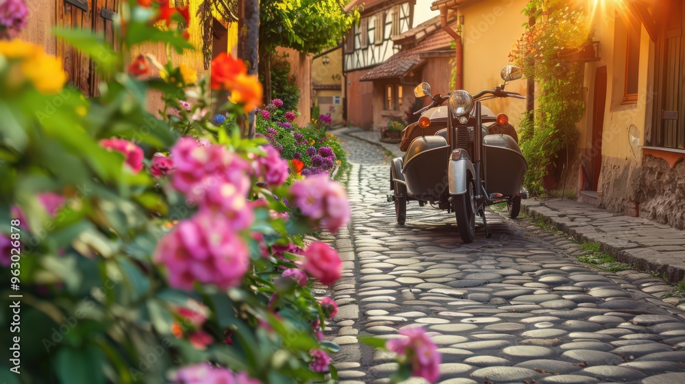 Naklejka premium Visualize a motorcycle with a sidecar driving through a quaint village, with cobblestone streets,