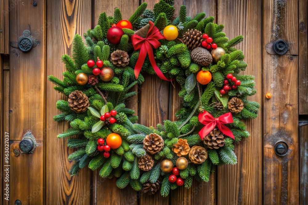 Festive holiday wreath on wooden door with pine cones and red orange gold ornaments Festive holiday wreath on wooden door with pine cones and red orange gold ornaments
