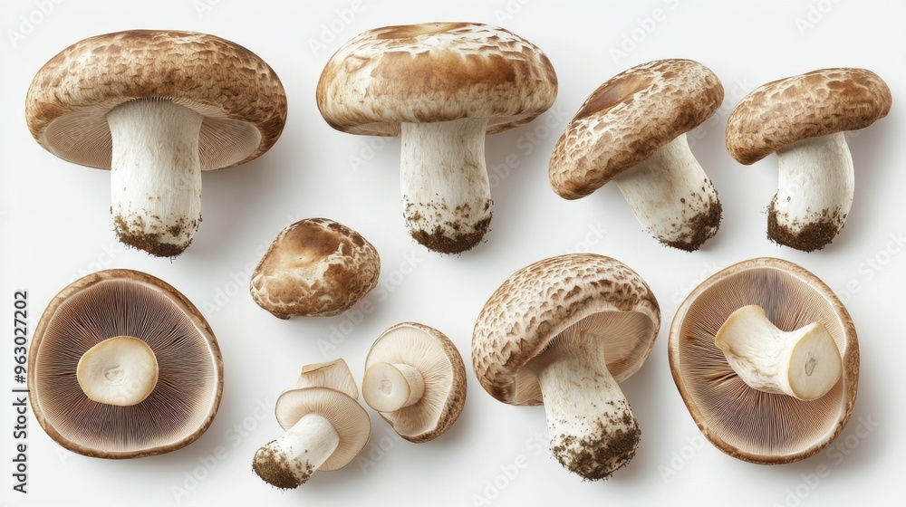 A 3D display of whole and sliced mushrooms, showing detailed gills and smooth textures on a clean white background A 3D display of whole and sliced mushrooms, showing detailed gills and smooth textures on a clean white background