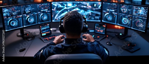 A focused individual monitoring multiple screens in a high-tech environment, showcasing advanced technology and data analysis.