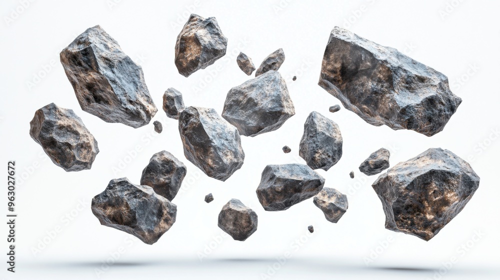 A 3D cluster of meteorites of varying sizes, floating freely in space, isolated on a white background, with full texture details A 3D cluster of meteorites of varying sizes, floating freely in space, isolated on a white background, with full texture details
