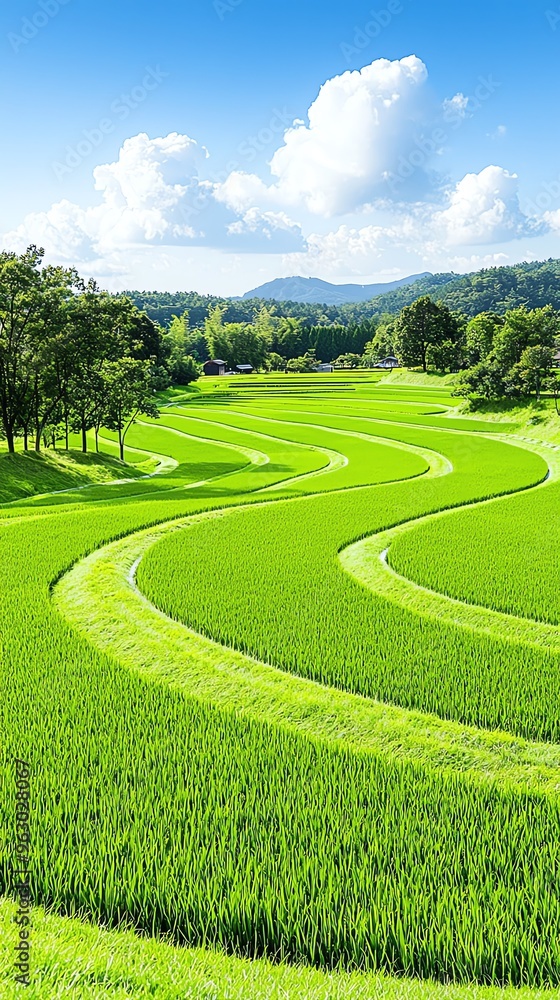 Lush green rice field landscape with winding paths and blue sky, showcasing nature's beauty and agricultural serenity. Lush green rice field landscape with winding paths and blue sky, showcasing nature's beauty and agricultural serenity.