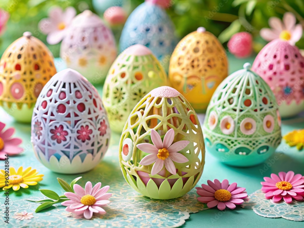 Miniature Easter egg paper crafts with intricate cutouts and layered designs Miniature Easter egg paper crafts with intricate cutouts and layered designs
