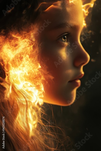 With a fireball illuminating her face, a young girl gazes thoughtfully into the flames.