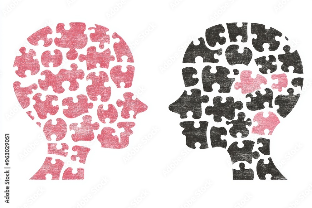 Mental horsepower Cognitive alignment Two abstract heads made from puzzle pieces one black and one pink representing fragmented thoughts and gender differences in cognition Mental horsepower Cognitive alignment Two abstract heads made from puzzle pieces one black and one pink representing fragmented thoughts and gender differences in cognition