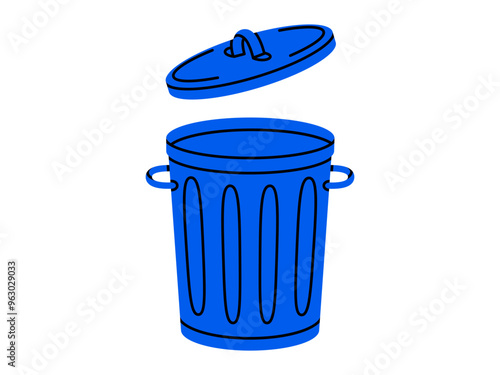 Hand drawn cute cartoon illustration of big garbage can with open lid. Flat vector trash bin, environmental pollution design in colored doodle style. Ecology sticker, icon. Rubbish disposal. Isolated.