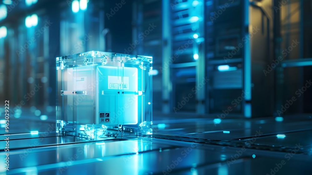 Futuristic Transparent Parcel Box with Glowing Holographic Labels Floating in High Tech Delivery Facility Futuristic Transparent Parcel Box with Glowing Holographic Labels Floating in High Tech Delivery Facility