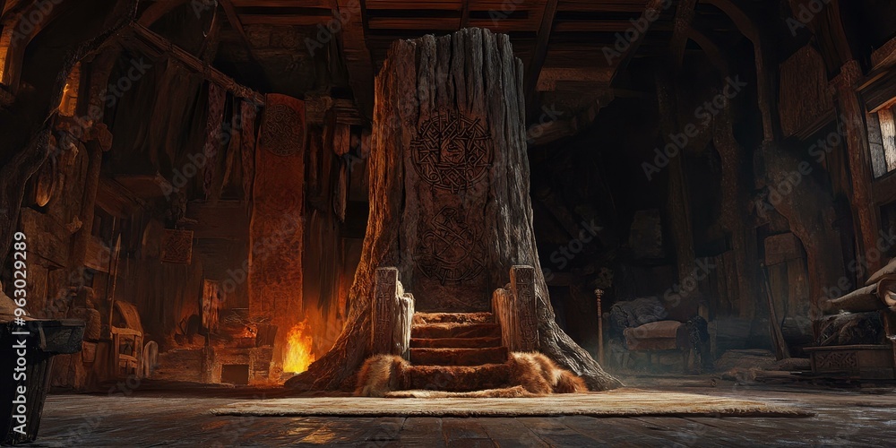 Fototapeta premium A wooden throne carved from a tree trunk in a