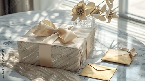 Elegant Luxury Gift Parcel on Marble Table with Golden Envelope