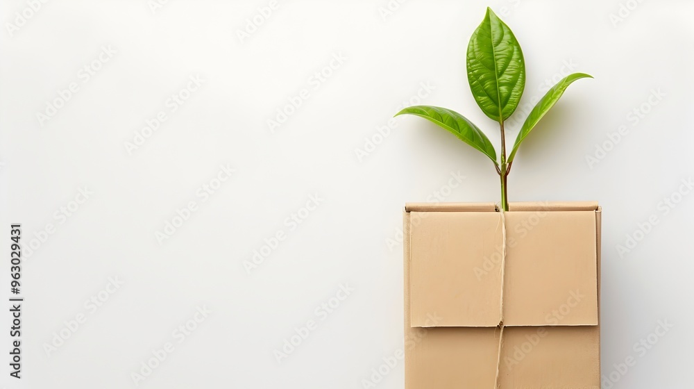 Eco Friendly Parcel Box Made from Recycled Materials with Green Accents and a Sprouting Plant on White Background Eco Friendly Parcel Box Made from Recycled Materials with Green Accents and a Sprouting Plant on White Background