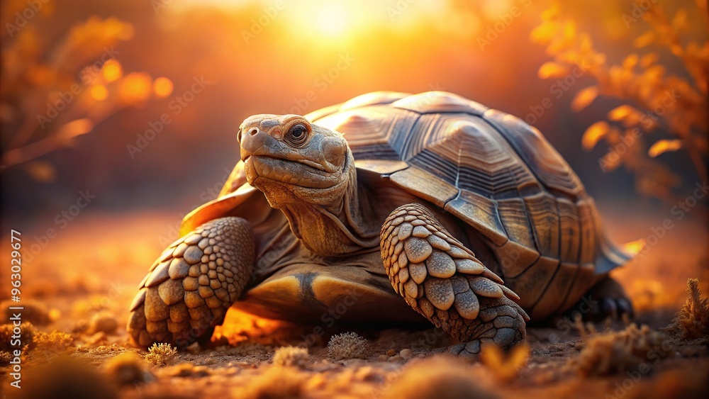 Naklejka premium African Tortoise Portrait Warmth Serene Soft Focus Golden Light Earthy Tones Sandy Background Natural Habitat Detail Orientation Wildlife Adventure Conservation Mood Style Technique Color Concept