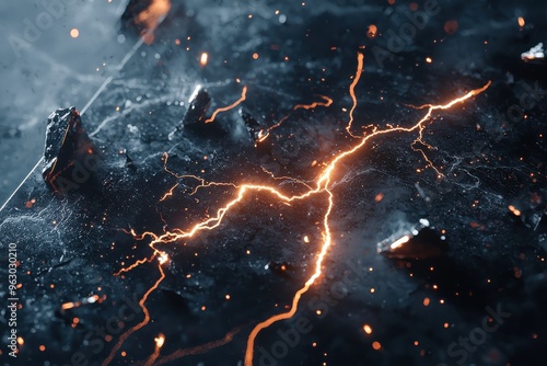 Dramatic lightning bolt flashing through stormy sky