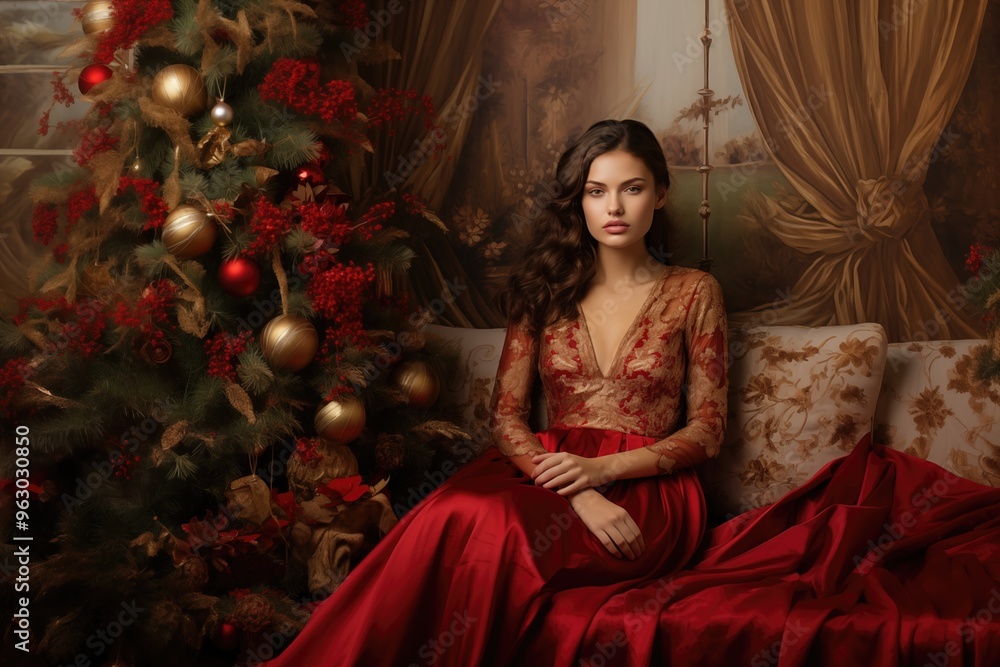 Fototapeta premium Elegant woman in a red gown sitting by a Christmas tree in a cozy, festive room
