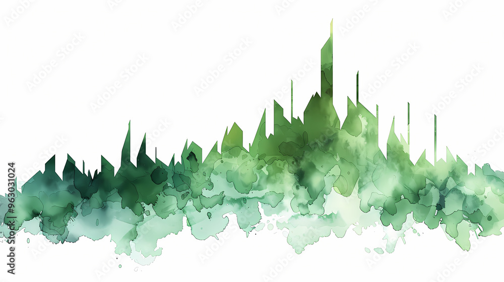 Naklejka premium A watercolor painting of a city skyline in shades of green.