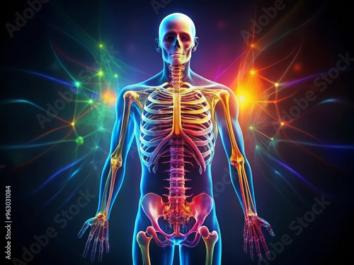 Moody Atmospheric Skeletal System Infographic Design Technical Illustration Concept Dark Background Bright Colors