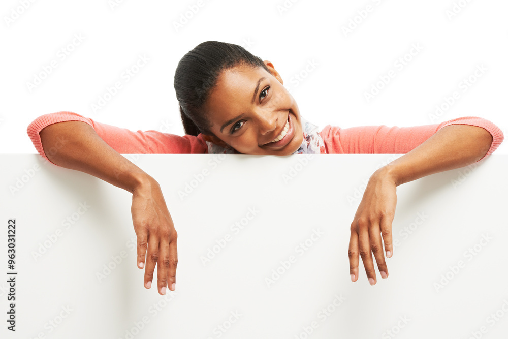 Studio, woman smile and portrait with banner for marketing, advertising and announcement for product placement. White background, female person and blank poster by mockup space, promotion or branding Studio, woman smile and portrait with banner for marketing, advertising and announcement for product placement. White background, female person and blank poster by mockup space, promotion or branding