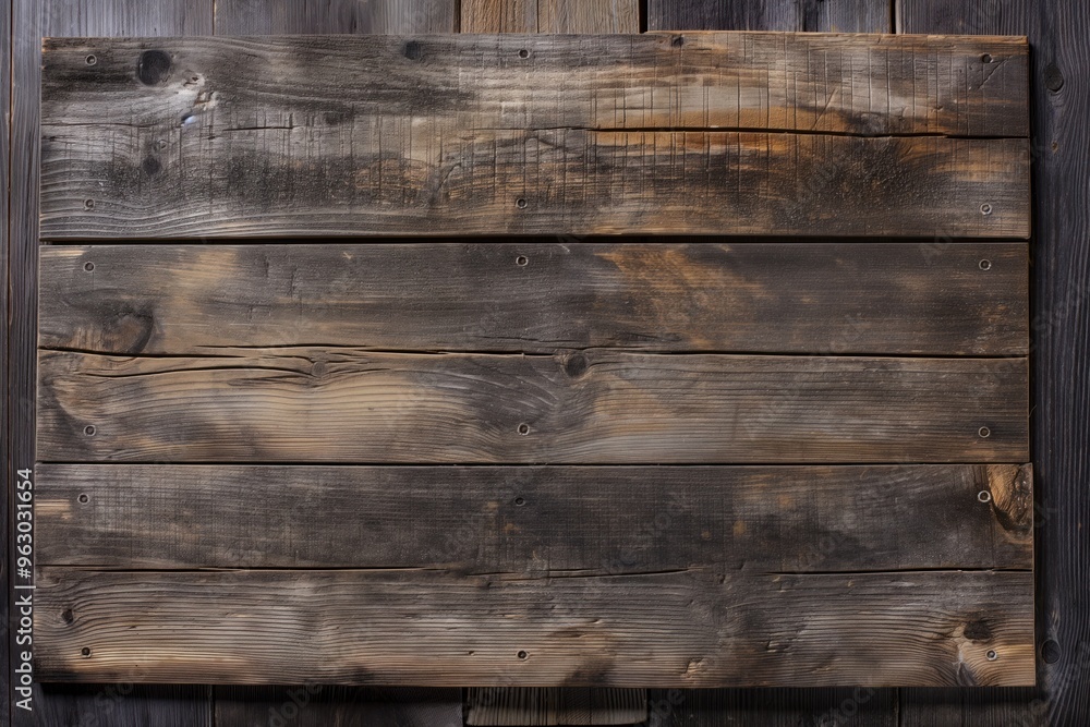 Wooden signboard with weathered dark brown finish. Three horizontal planks with small holes at top in staggered pattern on wooden surface. No text or objects visible. Wooden signboard with weathered dark brown finish. Three horizontal planks with small holes at top in staggered pattern on wooden surface. No text or objects visible.