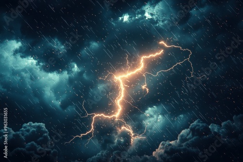 Dramatic lightning bolt striking through stormy, ominous clouds