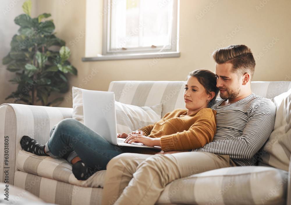 Laptop, planning and online with couple in living room for investment portfolio, application and bank loan. Future, technology and partnership with man and woman in home for real estate research Laptop, planning and online with couple in living room for investment portfolio, application and bank loan. Future, technology and partnership with man and woman in home for real estate research
