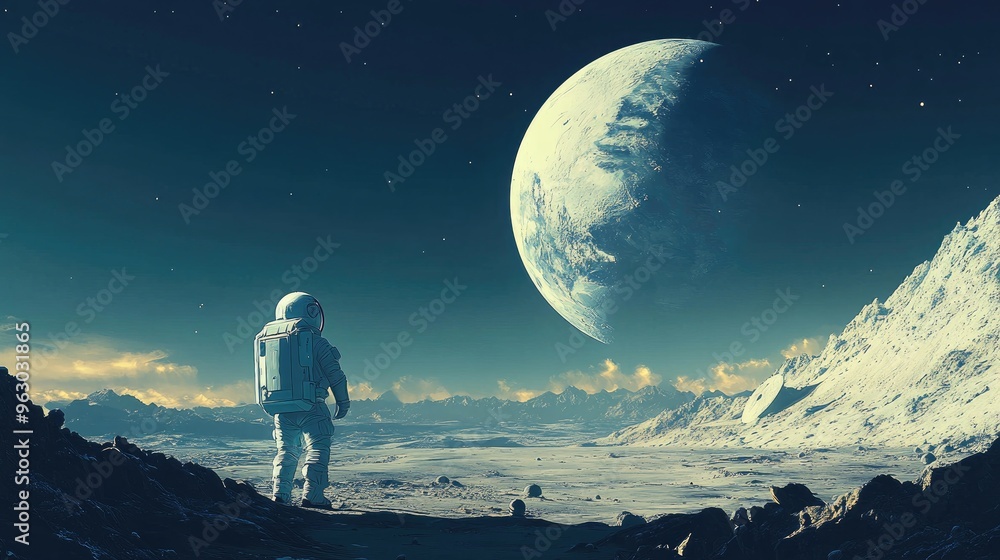 Fototapeta premium Astronaut Gazes at Distant Planet in a Vast, Rocky Landscape