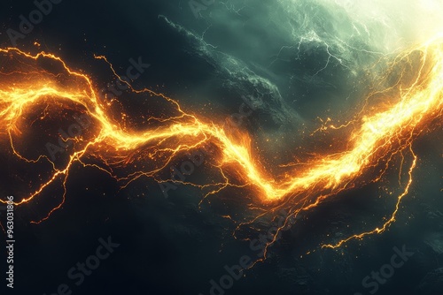 Dramatic lightning bolt striking through dark stormy sky