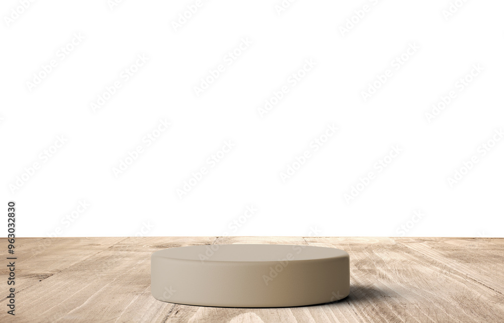 Round beige podium on wooden surface background Round beige podium on wooden surface background
