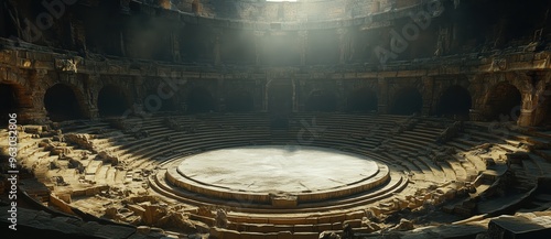 A large circular arena with an empty stage in the center, medieval fantasy style