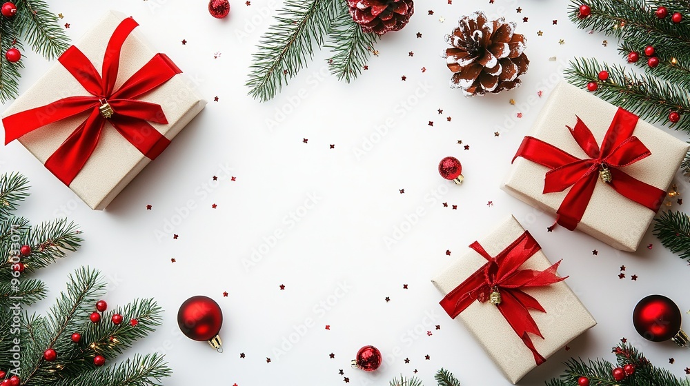Christmas Fir Branches, Gift Boxes with Red Ribbons, Red Decorations, Sparkles, and Confetti on a White Background for a Xmas and New Year Greeting Card, Winter Holiday Flat Lay, Top View Christmas Fir Branches, Gift Boxes with Red Ribbons, Red Decorations, Sparkles, and Confetti on a White Background for a Xmas and New Year Greeting Card, Winter Holiday Flat Lay, Top View