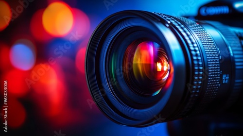 Camera lens with red blue backlight in a macro close-up view, capturing intricate details of lens elements. High-tech optics with horizontal layout colorful lighting for creative, futuristic concept