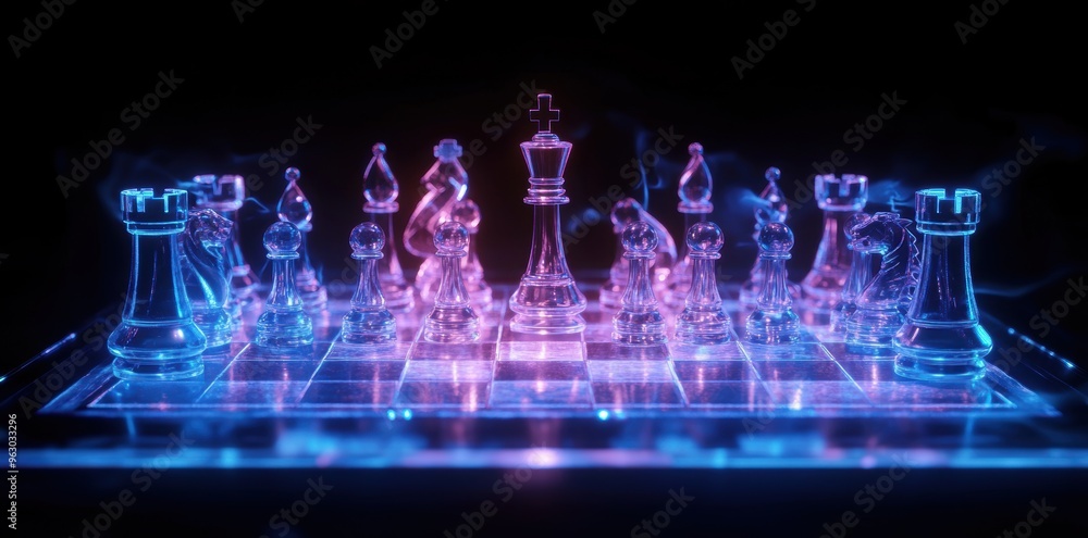 A holographic chessboard with translucent chess pieces floating above a glass table, depicting a futuristic strategy game. A holographic chessboard with translucent chess pieces floating above a glass table, depicting a futuristic strategy game.