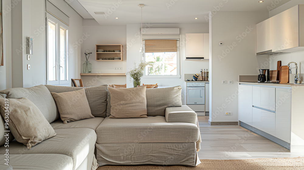 Fototapeta premium living room and kitchen in an apartment with beige sofas, light gray sofa, white walls, wooden floor, The kitchen area features stainless steel appliances and marble countertop.